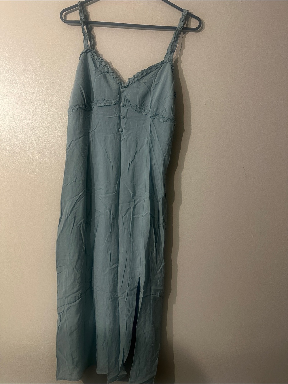 NWT Forever 21 Dusty Blue Satin Slip Dress with Ruffle Straps